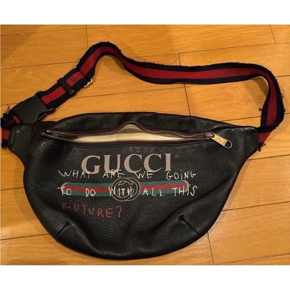 Gucci Other - Gucci Black Leather Belt Bag with Red and Green Accents